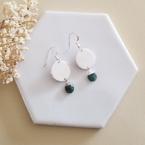 Emerald Earrings, Silver Emerald Dangle Earrings, Silver Hammered Earrings, Emerald Jewelry, Handmade Emerald Drop Earrings, May Birthstone