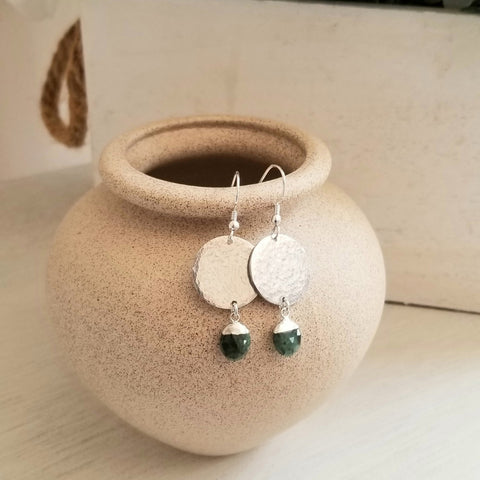 Silver Emerald Dangle Earrings, Hammered Earrings, May Birthstone