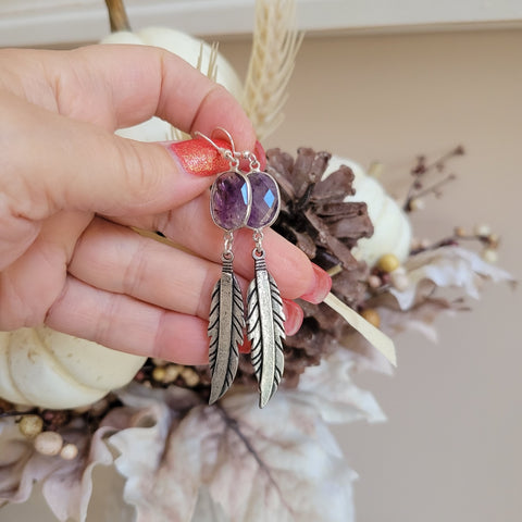 Boho Feather and Amethyst Dangle Earrings