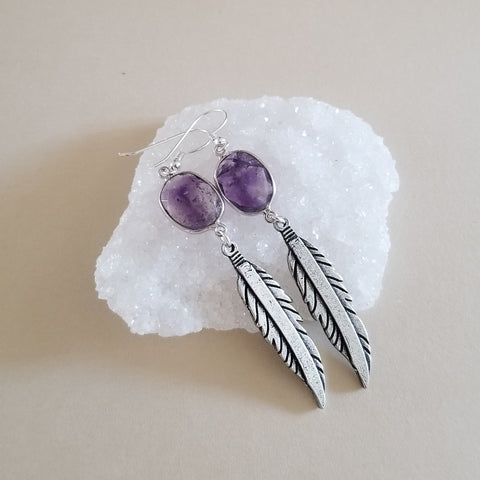 Boho Feather and Amethyst Dangle Earrings