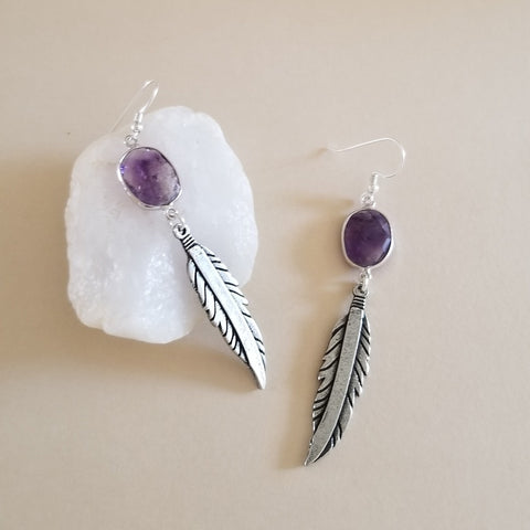 Boho Feather and Amethyst Dangle Earrings