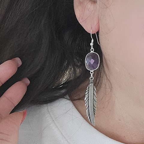 Boho Feather and Amethyst Dangle Earrings, Handmade Bohemian Jewelry for women
