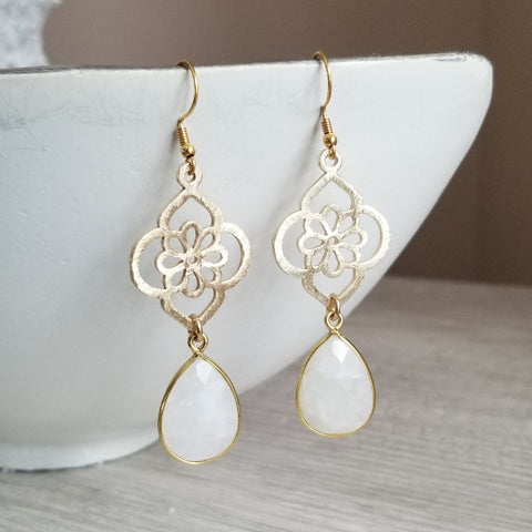 Bride Earrings, Brushed Gold Moonstone Flower Earrings