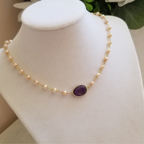 Champagne Freshwater Pearls and Amethyst Necklace for Women, Gift for Her, Bride Jewelry