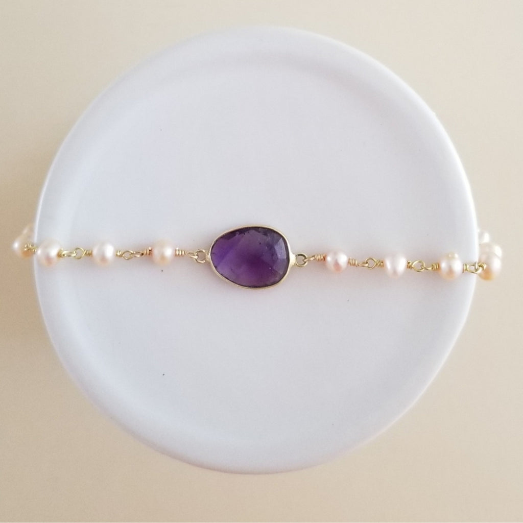 Natural 7-8mm Freshwater Pearl & Amethyst with Real 18k Gold Plated Natural 7-8mm Freshwater Pearl & Amethyst with Real 18k Gold Plated
