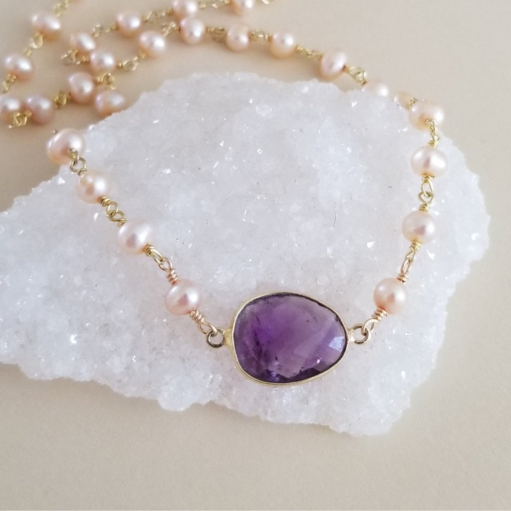 Cultured Freshwater Pearl & Pink Amethyst Necklace With Ruby Clasp Cultured Freshwater Pearl & Pink Amethyst Necklace With Ruby Clasp
