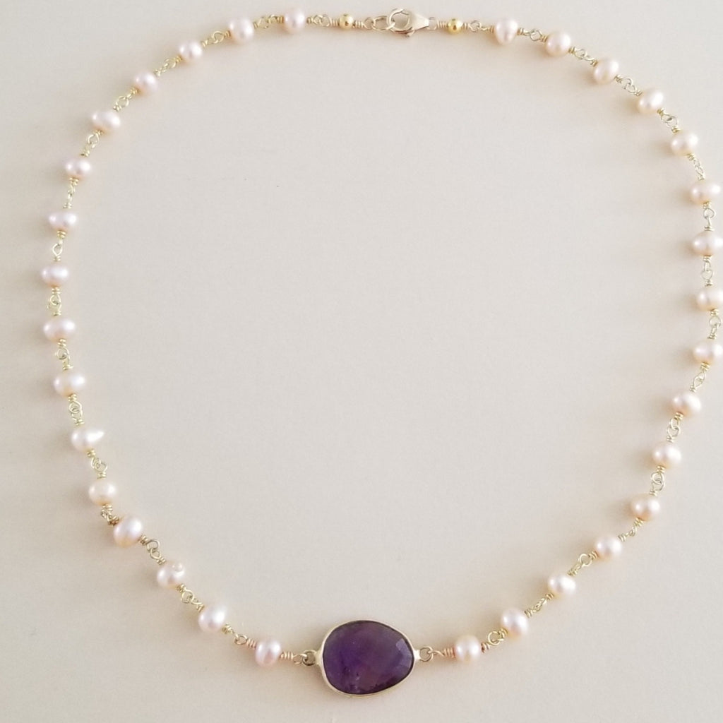 thumbnail image 2 of Natural 7-8mm White Freshwater Pearl & 8mm Purple Amethyst Necklace – 18 Inch Strand 2 of 3