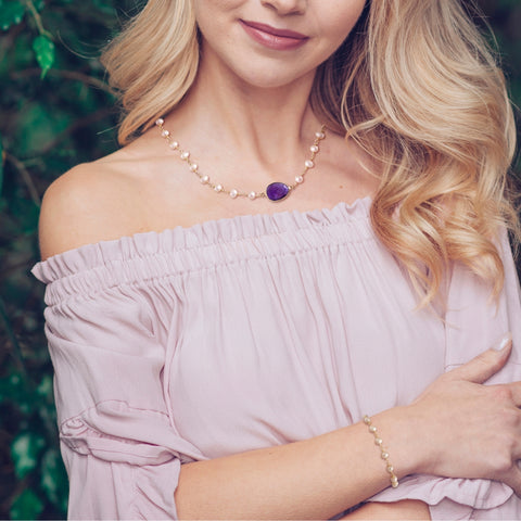 Handmade Champagne Freshwater Pearls and Amethyst Necklace, Statement Necklace