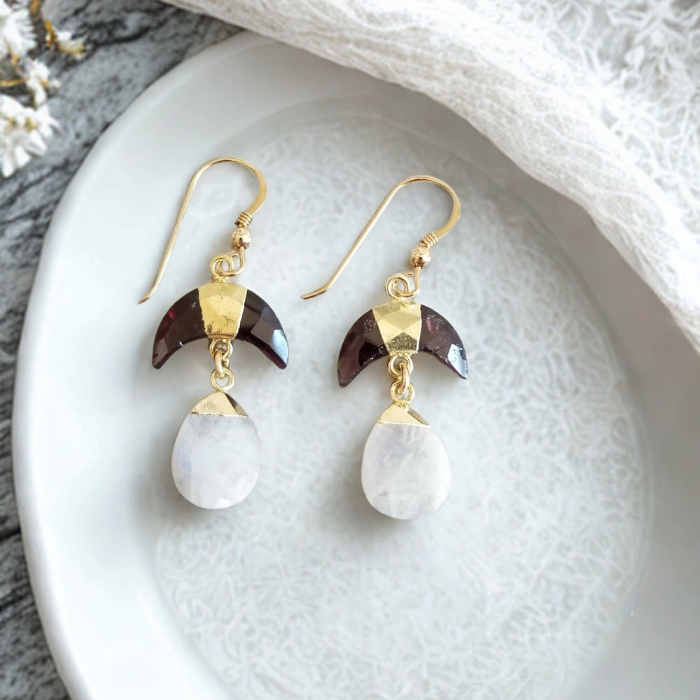 Handmade garnet and moonstone dangle earrings, January Birthstone, Celestial Jewelry