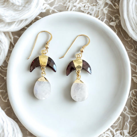 Garnet and Moonstone Dangle Earrings, January Birthstone