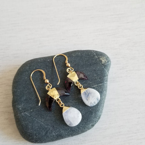 Garnet and Moonstone Dangle Earrings, January Birthstone