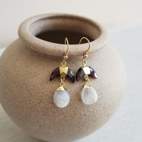 Handmade Gold garnet crescent moon earrings with glowing moonstone teardrop stones for women. Jewelry gift for her