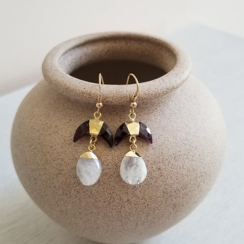 Garnet and Moonstone Dangle Earrings, January Birthstone