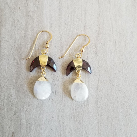 Garnet and Moonstone Dangle Earrings, January Birthstone