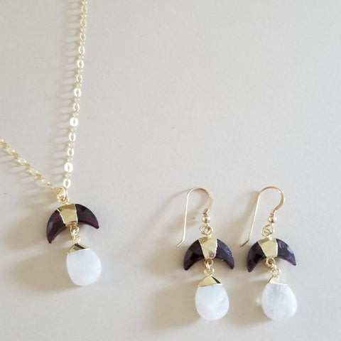 Garnet and Moonstone Dangle Earrings, January Birthstone