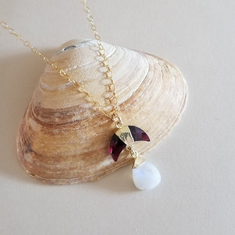Gold Garnet and Moonstone Pendant Necklace, Celestial Jewelry