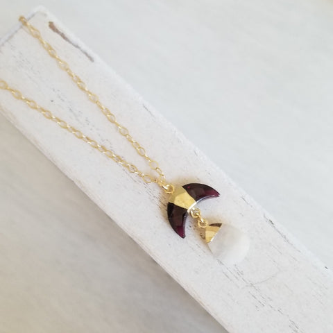 Gold Garnet and Moonstone Pendant Necklace, Celestial Jewelry