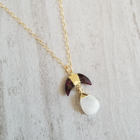 Gold Garnet and Moonstone Pendant Necklace, Celestial Jewelry