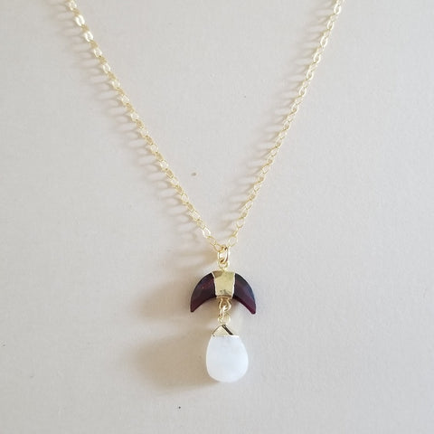 Gold Garnet and Moonstone Pendant Necklace, Celestial Jewelry