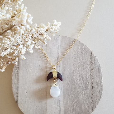 Gold Garnet and Moonstone Pendant Necklace, Celestial Jewelry