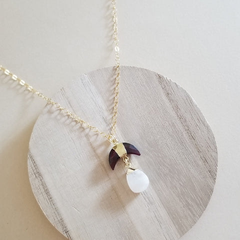 Gold Garnet and Moonstone Pendant Necklace, Celestial Jewelry
