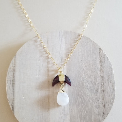 Handmade Gold Garnet and Moonstone Pendant Necklace, Celestial Jewelry, Gift for Her