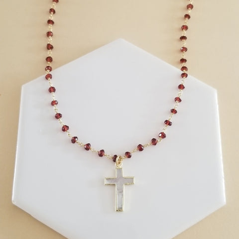 Beaded Garnet Chain Necklace with Mother of Pearl Cross Pendant