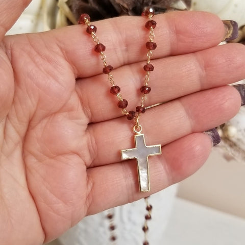 Beaded Garnet Chain Necklace with Mother of Pearl Cross Pendant