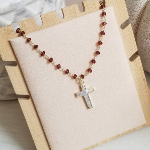 Beaded Garnet Chain Necklace with Mother of Pearl Cross Pendant