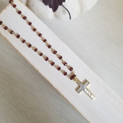 Beaded Garnet Chain Necklace with Mother of Pearl Cross Pendant