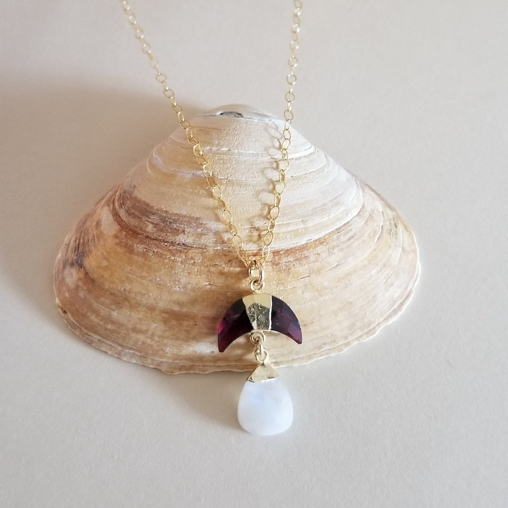 Gold Garnet and Moonstone Pendant Necklace, Celestial Jewelry for women