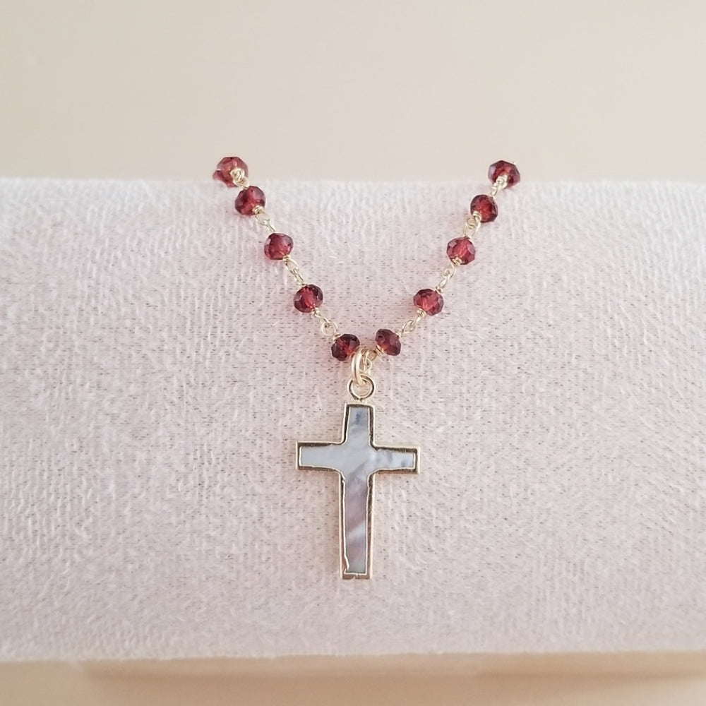 Beaded Garnet Chain Necklace with Mother of Pearl Cross Pendant