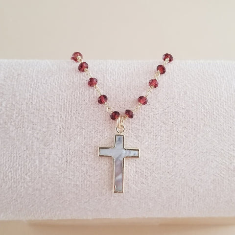 Beaded Garnet Chain Necklace with Mother of Pearl Cross Pendant