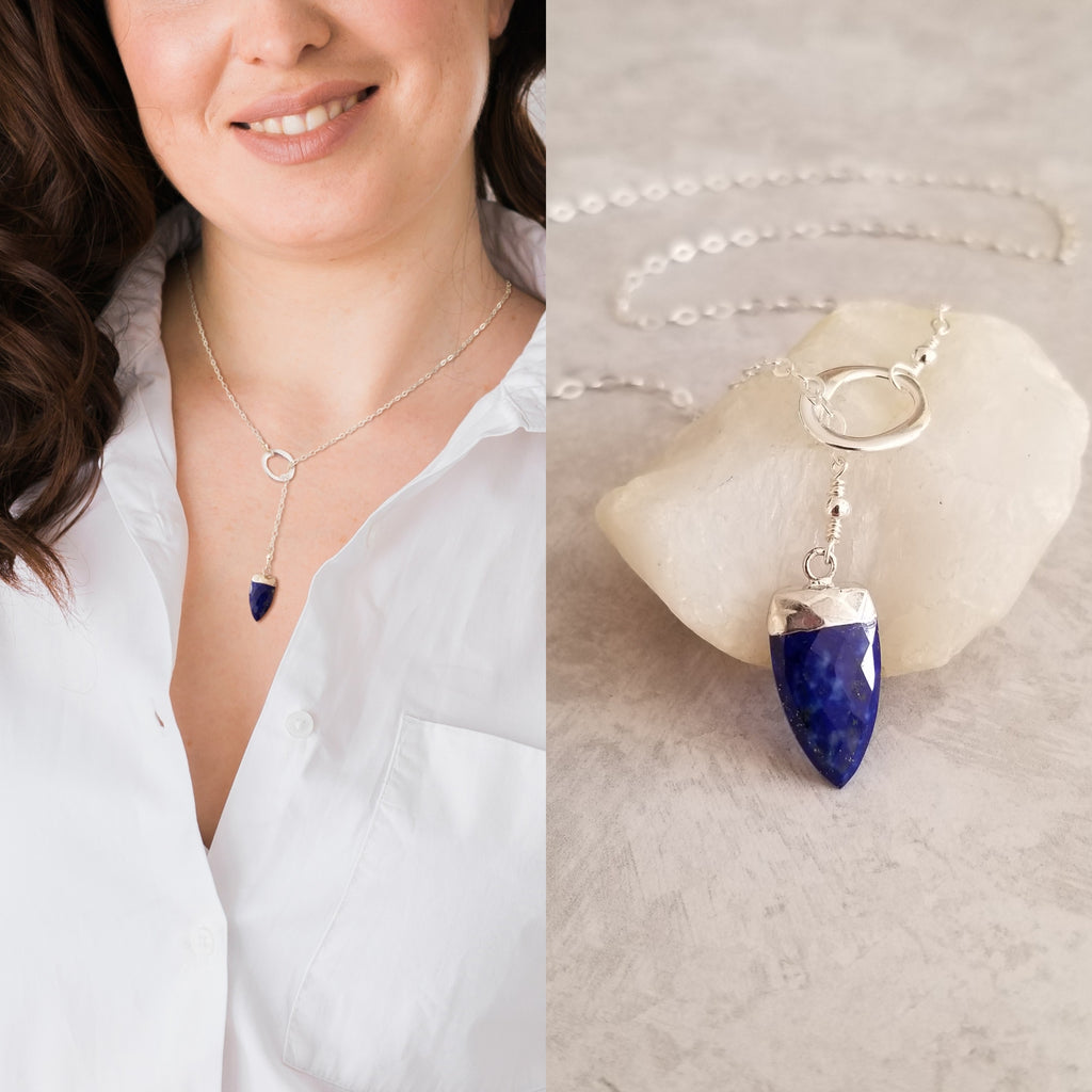 Sterling Silver Lariat, Custom Gemstone Necklace, Lapis Lazuli Lariat, Handmade Y Necklace, Dainty Silver Lariat, Gift for Her, Gemstone Jewelry