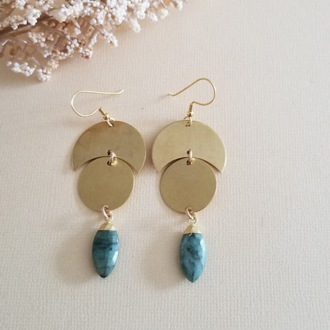 Gold Geometric Earrings with Raw Gemstone, Celestial Earrings