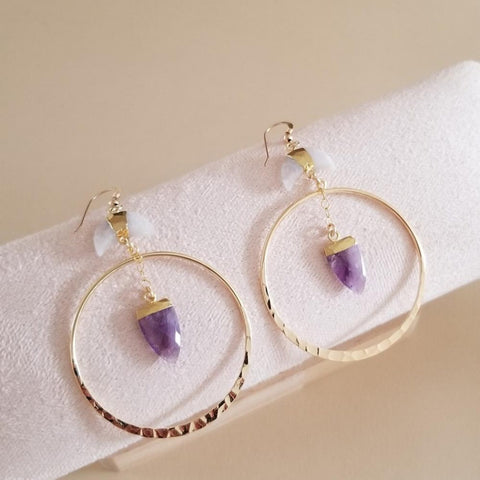 Gold Amethyst and Moonstone Hoop Earrings