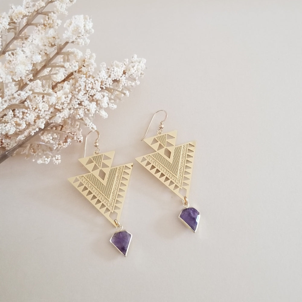 Gold Amethyst Triangle Earrings, Geometric Gemstone Earrings, Statement Earrings