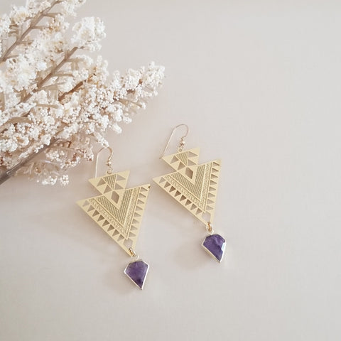 Gold Amethyst Triangle Earrings, Geometric Gemstone Earrings