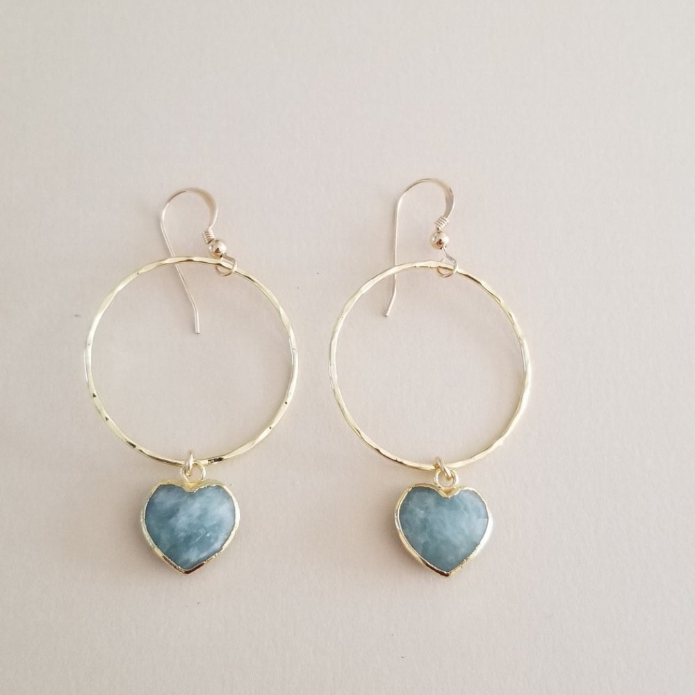 Gold Aquamarine Heart Hoop Earrings, Lightweight Hoops
