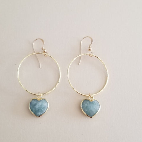 Gold Aquamarine Heart Hoop Earrings, Lightweight Hoops