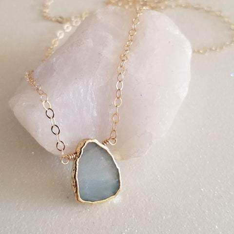 Gold Aquamarine Necklace, Aquamarine Slice Pendant, March Birthstone