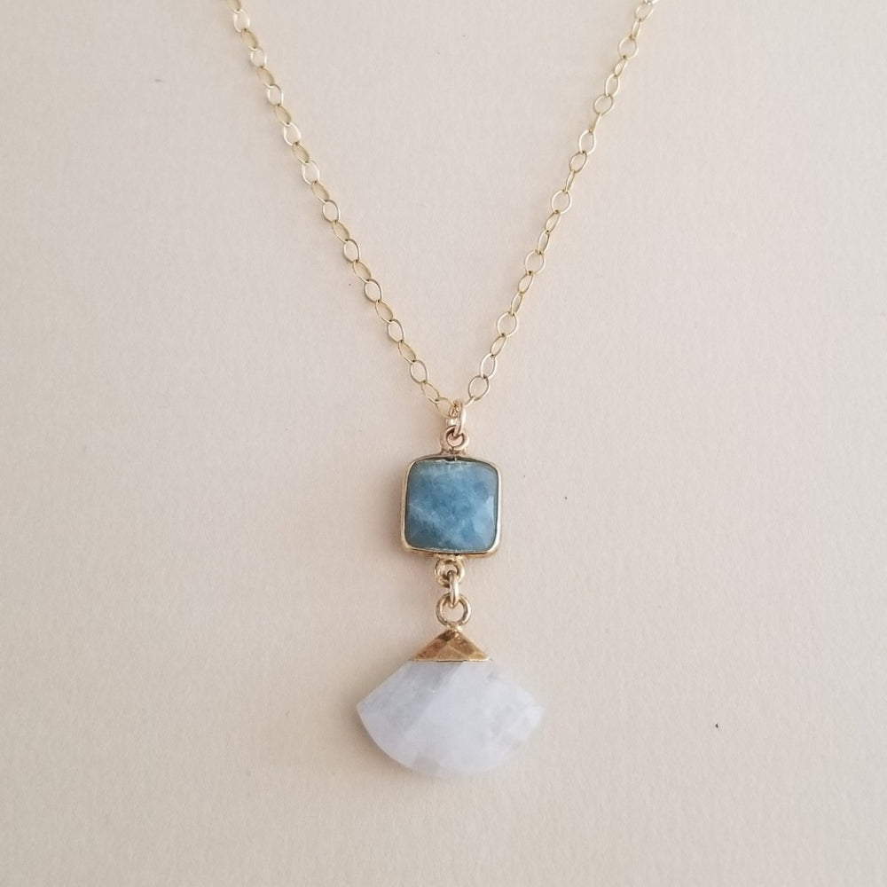 Aquamarine and Moonstone Pendant Necklace, Thin Gold Chain with Gemstone Pendant