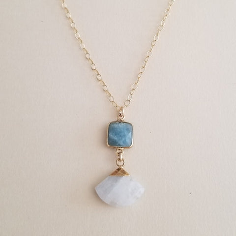 Aquamarine and Moonstone Pendant Necklace, Thin Gold Chain with Gemstone Pendant