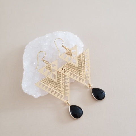 Gold Black Onyx Triangle Dangle Earrings for Women
