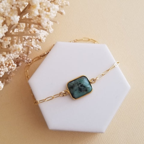 Raw Emerald Bracelet, Gold Paperclip Chain Bracelet