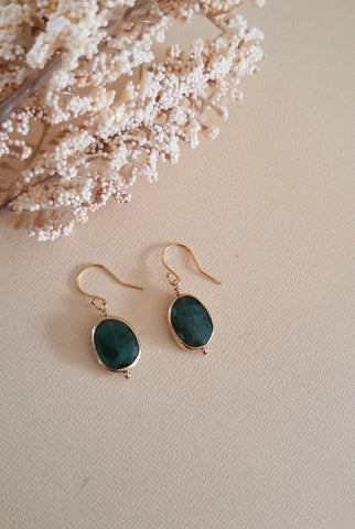 Dainty Gold Earrings, Emerald Dangle Earrings, Small Gemstone Earrings, Gift for Women