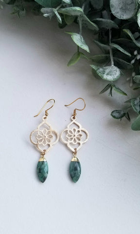 Emerald Earrings, Gold Flower Earrings with Emerald
