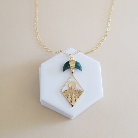Mountains Pendant Necklace with Emerald Crescent Moon