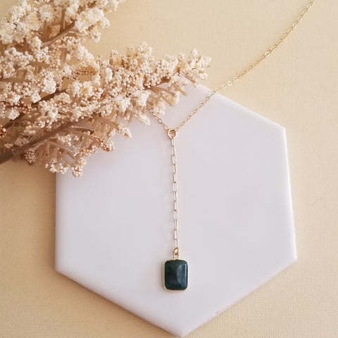 Gold Emerald Y Necklace, Boho Center Drop Pendant Necklace