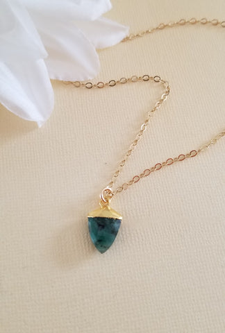 Daiinty Gold Emerald Neckalce, Skinny Gold Chain, Gift for Her